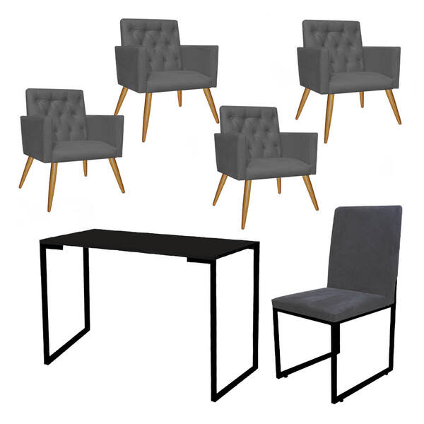 Kit Escritório Stan 4 Poltronas Capitonê Com Cadeira E Mesa I