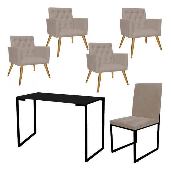 Kit Escritório Stan 4 Poltronas Capitonê Com Cadeira E Mesa I