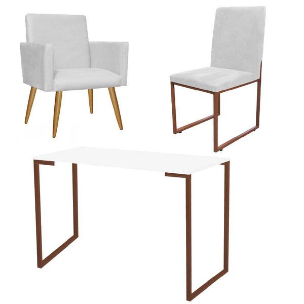 Kit Escritório Stan Poltrona Cadeira E Mesa Corino Branco