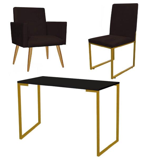 Kit Escritório Stan Poltrona Cadeira E Mesa Corino Marrom