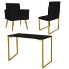 Kit Escritório Stan Poltrona Cadeira E Mesa Suede Preto