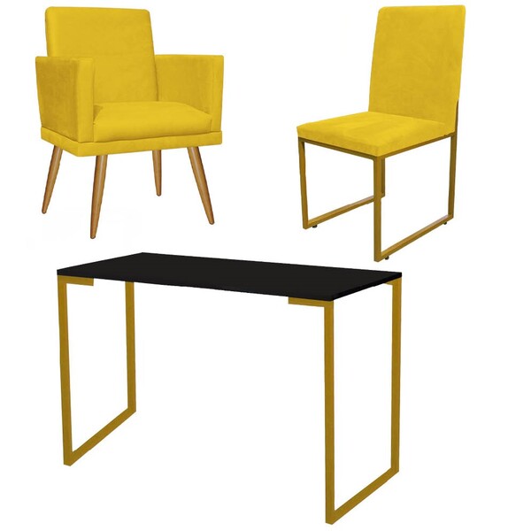 Kit Escritório Stan Poltrona Rodapé Com Cadeira E Mesa Indust