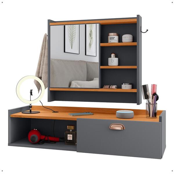 Kit Espelheira Prateleira Porta Itens Banheiro Rack Suspenso