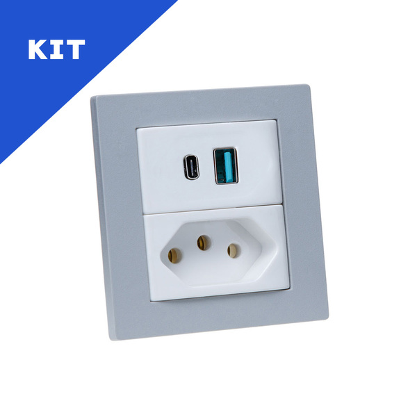 Kit Espelho Duplo Reto Com 1 Tomada 10a E 2 Usb 9.0a Cinza