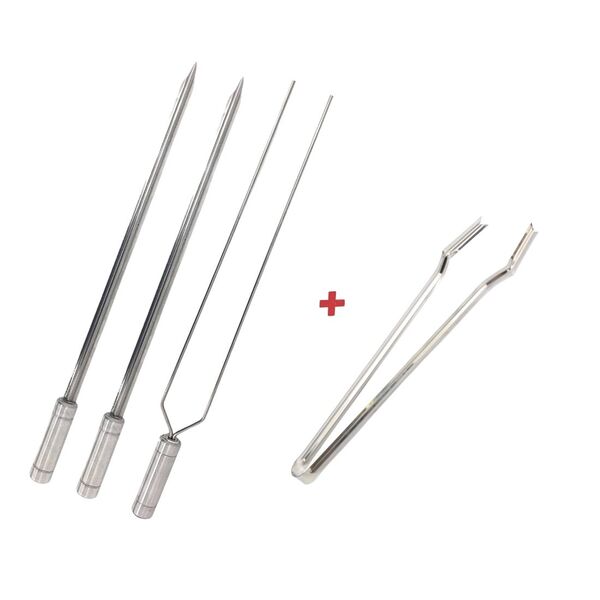 Kit Espetos Inox 40cm Espada E Duplo Mais Pegador De Carnes