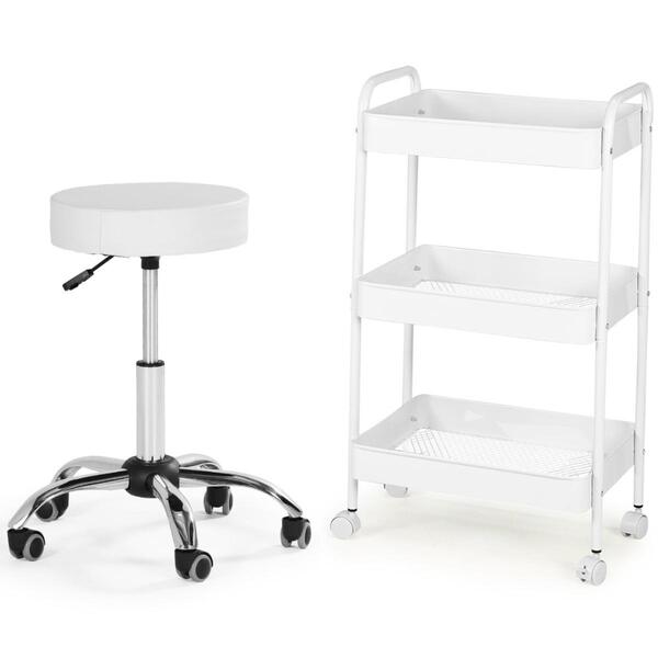 Kit Estética Com Banco Mocho E Carrinho Organizador - Branco