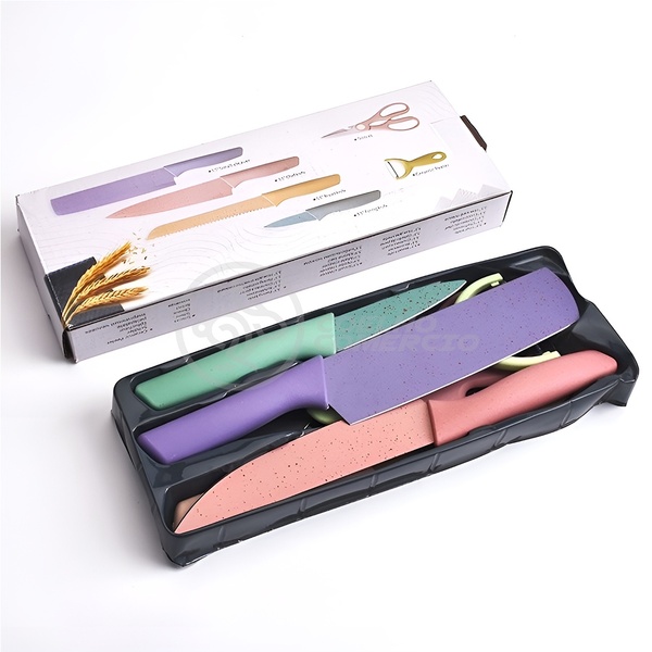 Kit Facas 6 Peças Coloridas Com Cutelo Tesoura E Descascador Aço