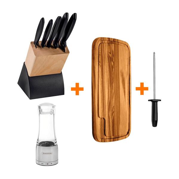 Kit - Faqueiro 6 Peças + Tábua Churrasco 49x28 + Chaira + Moe