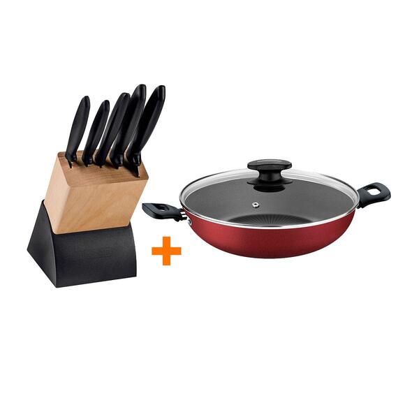 Kit - Faqueiro Plenus 6 Peças + 1 Panela Wok 28cm Vermelha -