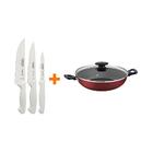 Kit - Faqueiro Premium 3 Peças + 1 Panela Wok 28cm Vermelha -