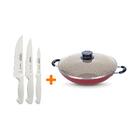 Kit - Faqueiro Premium 3 Peças + 1 Panela Wok 36cm Vermelha -