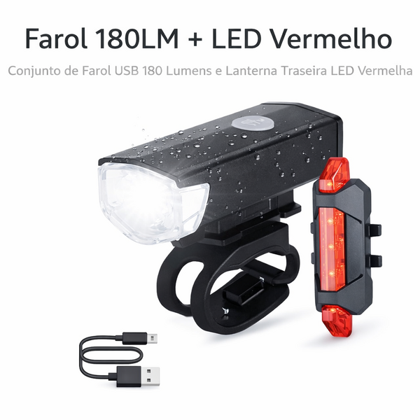 Kit Farol Para Bicicleta 180lm Com Led Branco + Lanterna Traseira Led ...