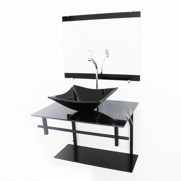 Kit Gabinete Banheiro 60cm Ap Com Cuba Quadrada Mármore Preto