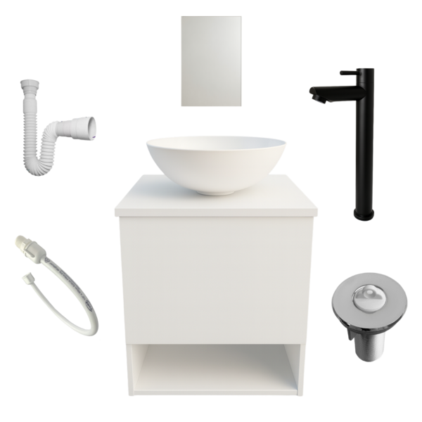 Kit Gabinete Banheiro Cuba Espelho 40cm Torneira Preta Valvul