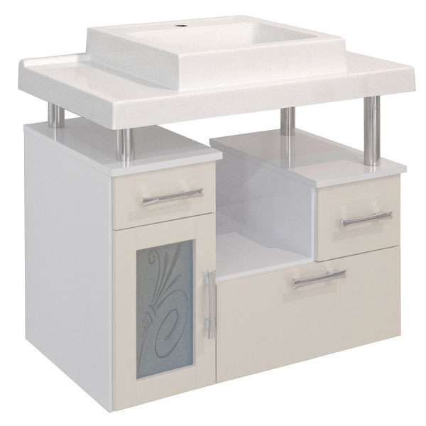 Kit Gabinete de Banheiro com Espelho Lages MDF Branco/Biscuit com Cuba Moldada Darabas