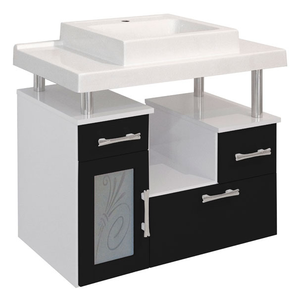 Kit Gabinete de Banheiro com Espelho Lages MDF Branco/Preto com Cuba Moldada Darabas