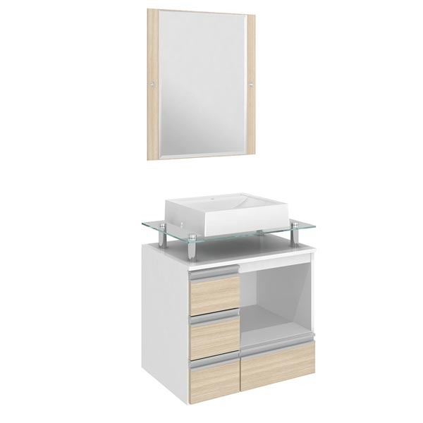 Kit Gabinete de Banheiro com Espelho Sollo II MDF Branco/Ibiza sem Cuba Darabas