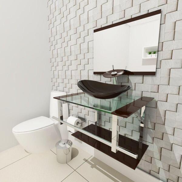 Kit Gabinete De Vidro 60 Cm Cuba E Torneira Ibiza Marom