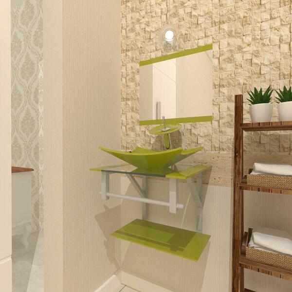 Kit Gabinete De Vidro Cuba Retangular + Torneira Verde Oliva