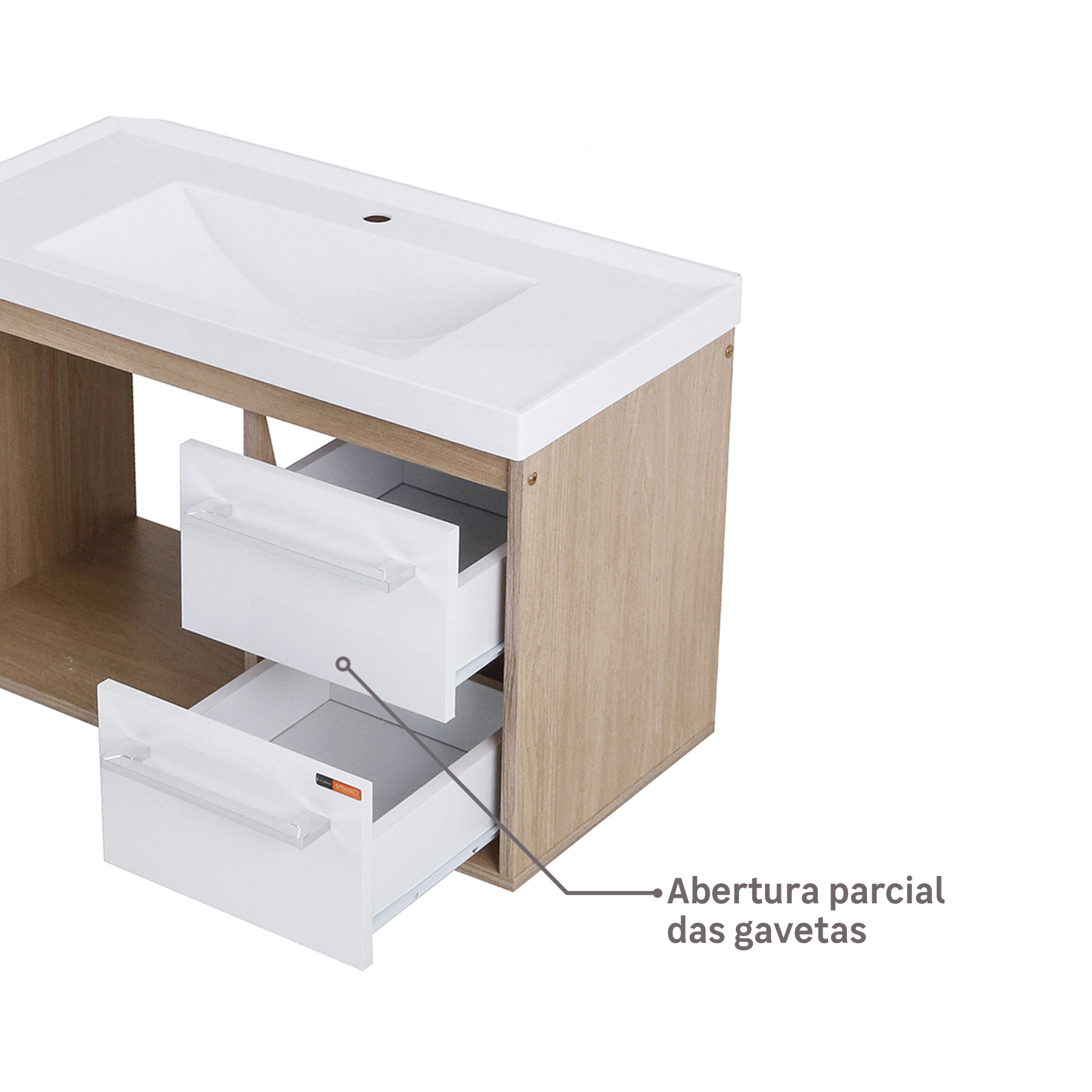 As gavetas com abertura parcial são ideais para banheiros com espaços reduzidos, pois economiza mais espaço no momento de sua abertura.