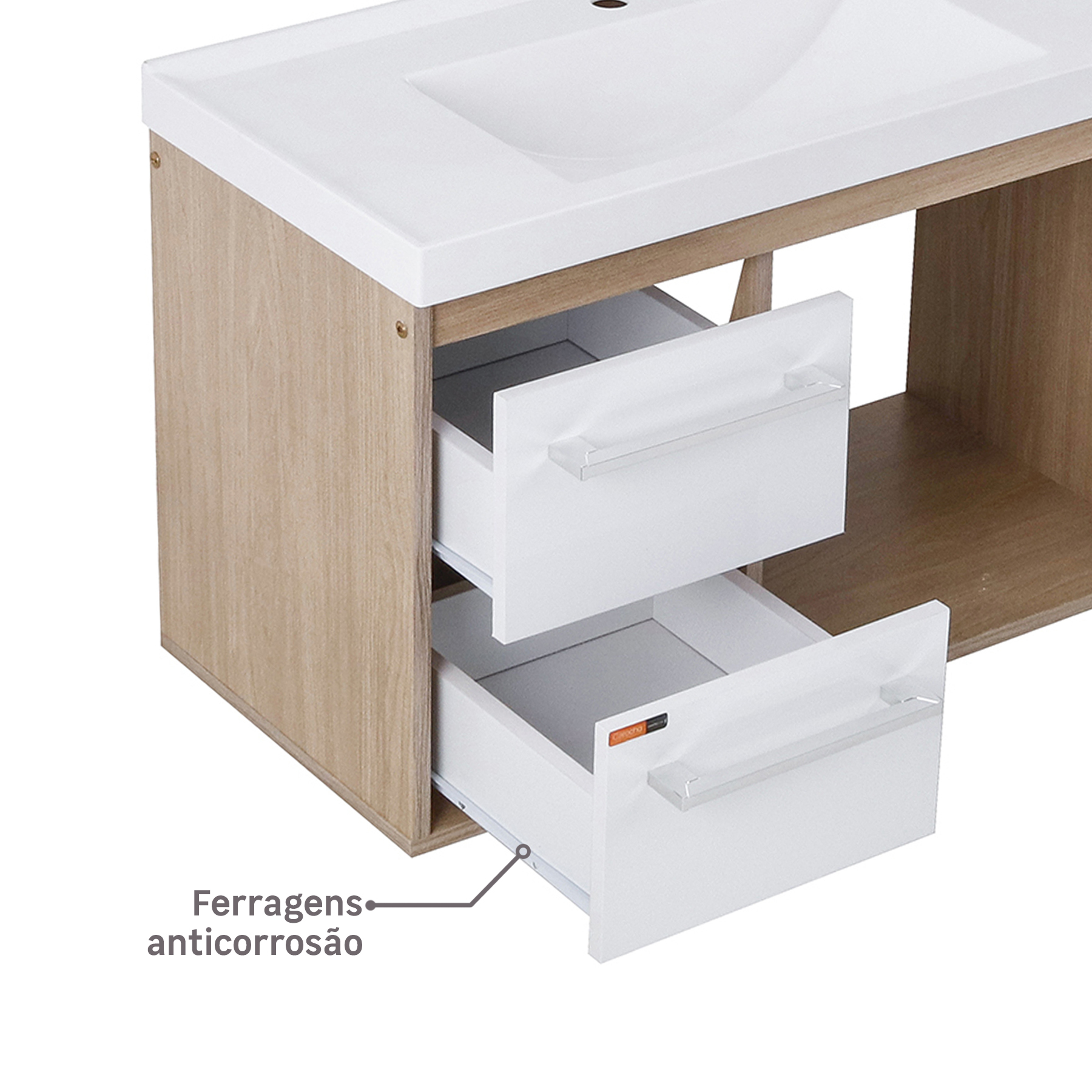 As ferragens possuem material resistente, que não enferrujam mesmo em contato com água. Ótima durabilidade, tendo eficiência ao abrir e fechar por um longo tempo.