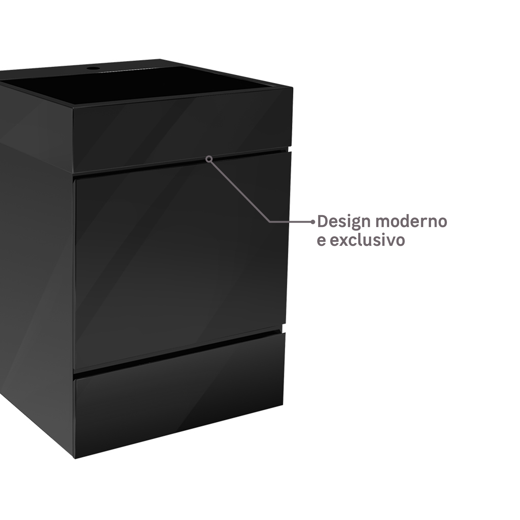 As gavetas contam com puxador cava, detalhe que enriquece muito o gabinete. Possui muita funcionalidade no uso, são discretos e trazem muito mais modernidade e leveza para o ambiente instalado.