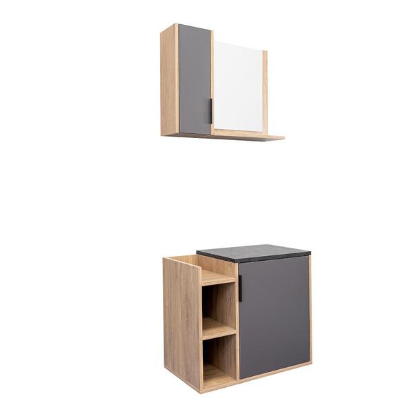 Kit Gabinete Para Banheiro Com Cuba E Espelho 160x63x36 Cinza