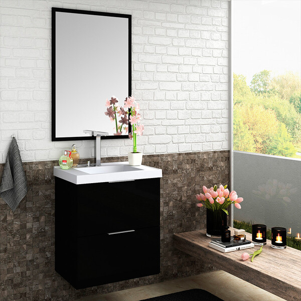 Kit Gabinete Para Banheiro Pietra 60cm Com Lavatório E Espelh