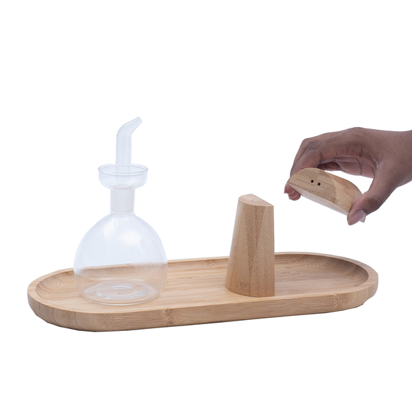 Kit Galheteiro Porta Azeite, Bandeja De Bambu E Saleiro E Pim