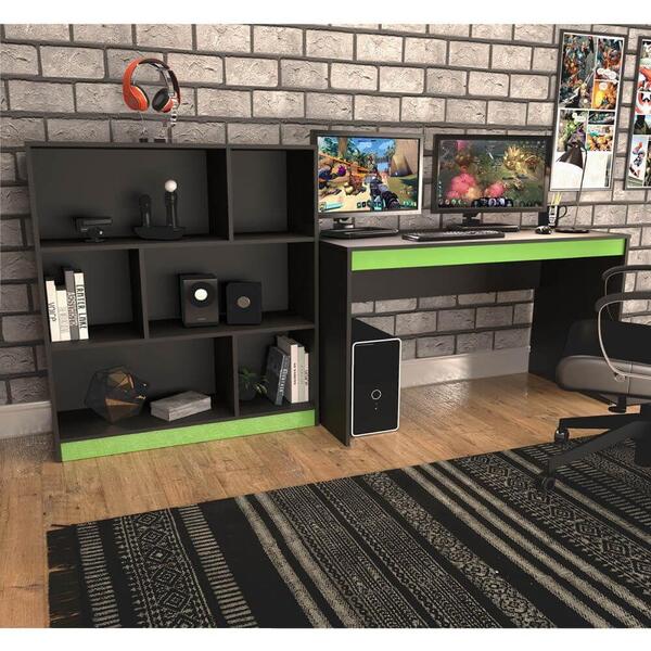 Kit Gamer B28 Com Mesa E Estante Com 6 Nichos Preto E Verde