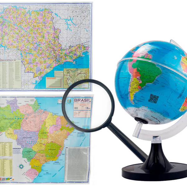 Kit Globo Terrestre 21cm Profissional + Lupa + Mapa Sp + Mapa