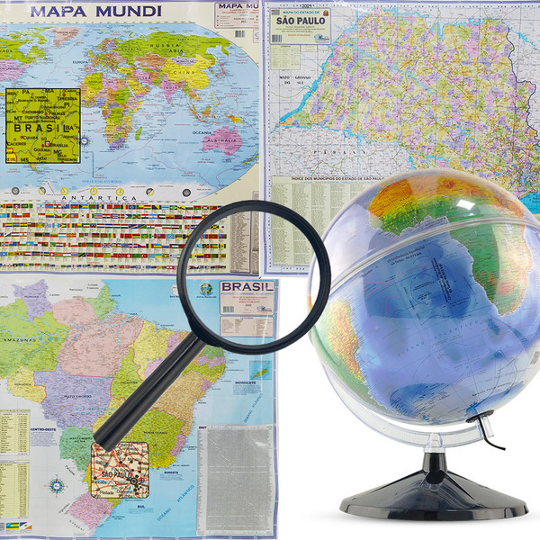 Kit Globo Terrestre Profissional Mondo 30cm + Lupa +  Mapa Do