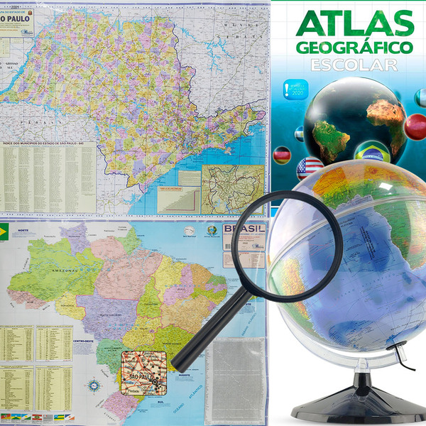 Kit Globo Terrestre Profissional Mondo 30cm + Lupa +  Mapa Do