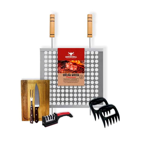 Kit Grelha + Tábua C/ Garfo E Faca + Afiador + Garra Urso