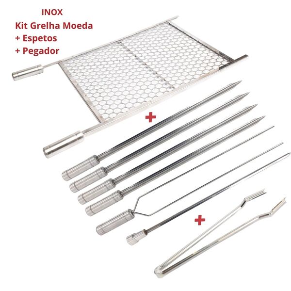 Kit Grelha Inox 70x50 E 6 Espetos E Pegador Carnes Churrasco
