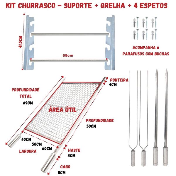 Kit Grelha Inox 70x50cm + 4 Espetos + Suporte Churrasqueira