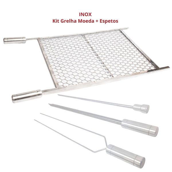 Kit Grelha Moeda 70x40 Inox + Espetos Espada, Duplo, Coração