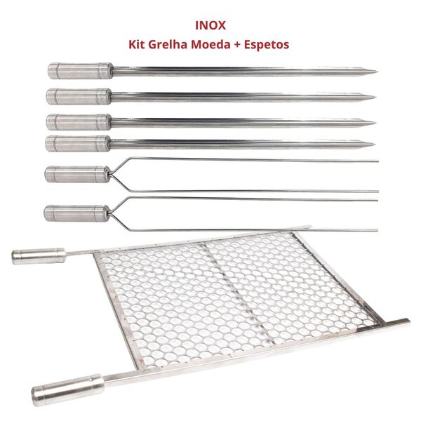 Kit Grelha Moeda 70x60 + 6 Espetos Espada E Duplo Churrasco