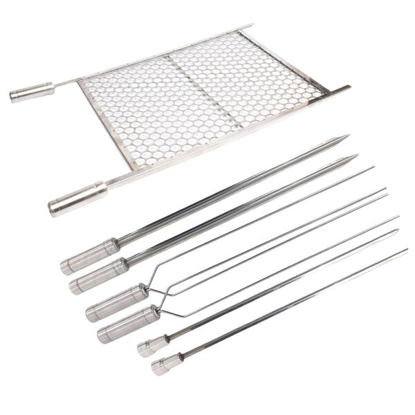 Kit Grelha Moeda Inox 70x40 + 6 Espetos Coração Espada Duplo