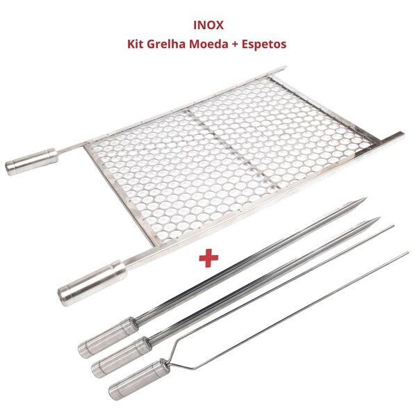 Kit Grelha Moeda Inox 70x60cm Mais 3 Espetos Para Churrasco