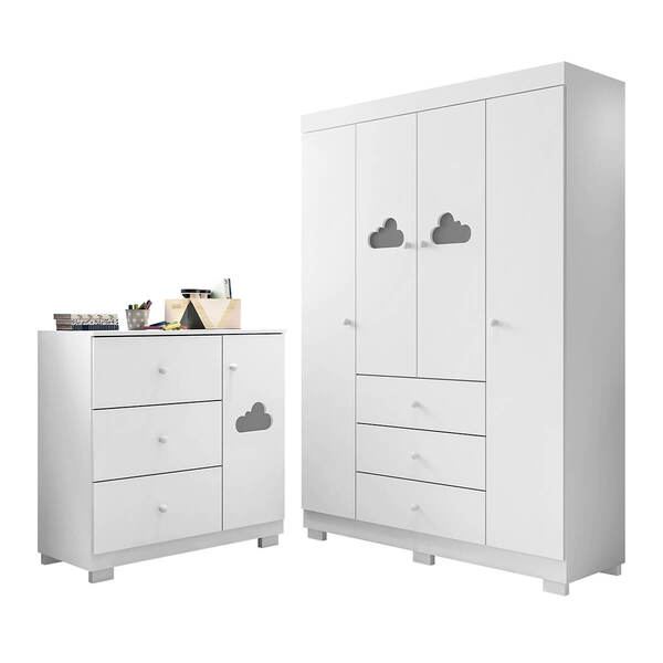 Kit Guarda Roupa Cômoda Infantil E  Branco Brilho Sevilha - É