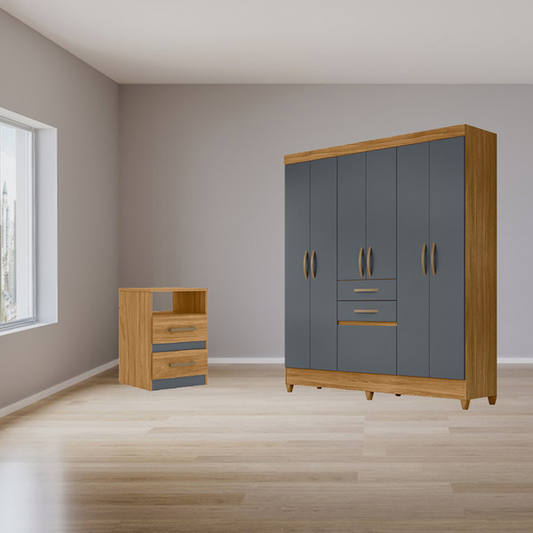 Kit Guarda Roupa Escorpião E Criado Mudo Bella Freijó Cinza T