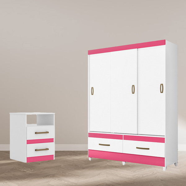 Kit Guarda Roupa Héstia E Criado Mudo Bella Branco E Rosa Tan