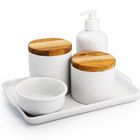 Kit Higiene Bebê Porcelana Tampa Madeira 5 Peças Com Bandeja