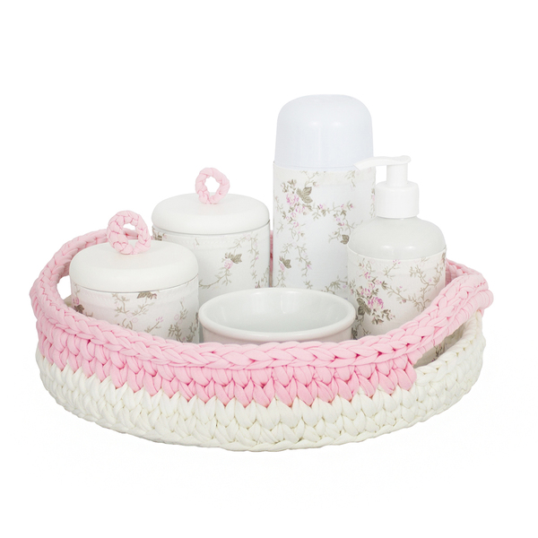 Kit Higiene Crochê Com 6 Peças E Garrafa Pequena Rosa