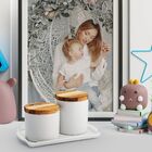 Kit Higiene De Porcelana Com Tampa De Madeira Teca E Bandeja