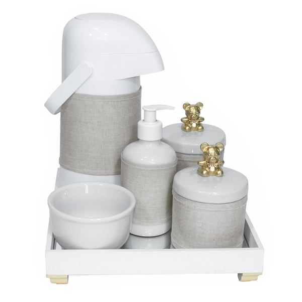 Kit Higiene Espelho Porcelana, Garrafa E Capa Ursinho Dourado