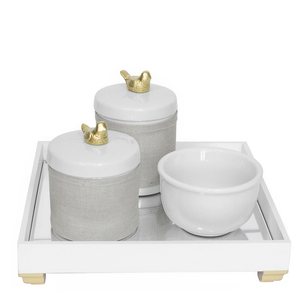 Kit Higiene Espelho Potes E Capa Passarinho Dourado