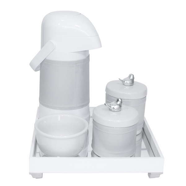 Kit Higiene Espelho Potes, Garrafa E Capa Passarinho Prata