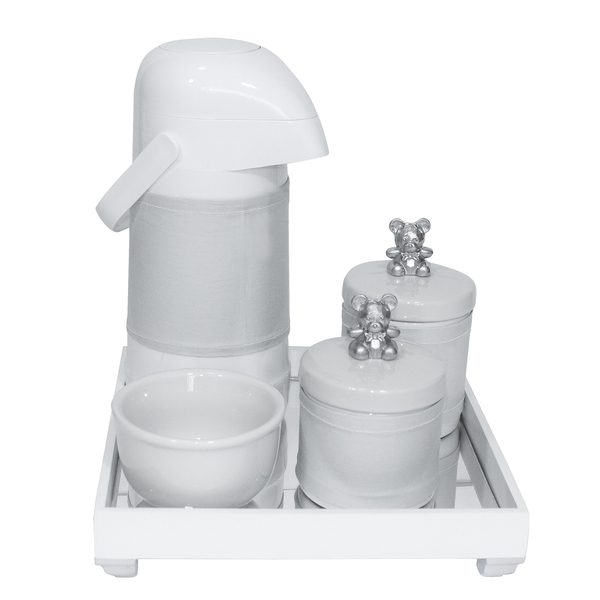 Kit Higiene Espelho Potes, Garrafa E Capa Ursinho Prata